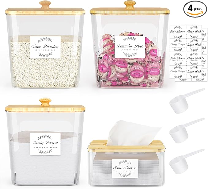 Vincona Laundry Room Organization and Storage, Laundry Pods Container and Dryer Sheet Holder with Bamboo Lids and Labels, Laundry Organizer with Scoops for Booster Beads, Powder, Pods, 3+1 Pack