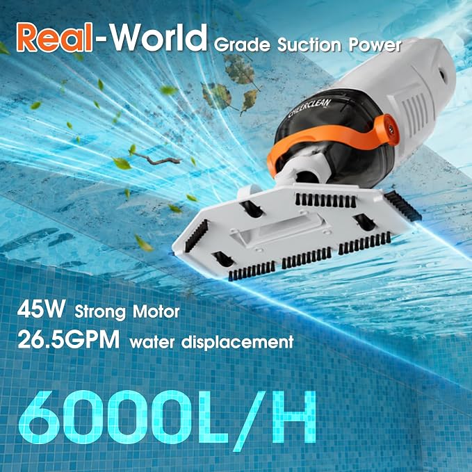 Cordless Handheld Pool Vacuum for Above Ground Pools - Upgraded 26.5GPM Real Suction, Time-Saving Directional-Control, 60min Runtime, 2 Vac Heads & 4 Filter Bags for Hot Tubs & Inground Pools -Orange
