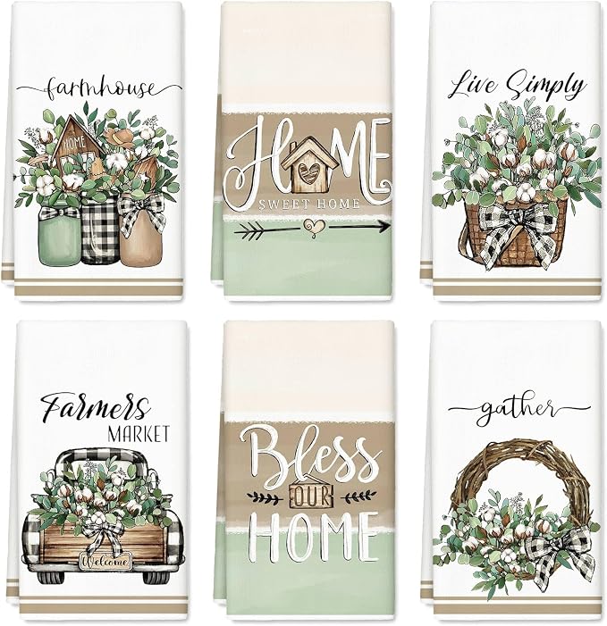 JarThenaAMCS 6 pcs Farmhouse Kitchen Towel Eucalyptus Leaves Truck Sweet Home Dish Towels 18 x 28 Inch Hand Drying Tea Towel for Cooking Baking Cleaning