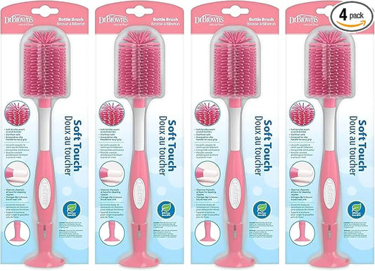 Dr. Brown's Soft Touch No Scratch Baby Bottle Cleaning Brush, Nipple Cleaner and Suction Cup Base for Easy Storage, BPA-Free, Pink, 4-Pack