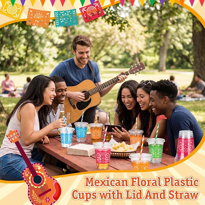 Domensi 100 Sets Fiesta Plastic Cups with Lids and Paper Straws 12oz Mexican Cinco De Mayo Disposable Drinking Cups Bulk for Cold Drinks Baby Shower Wedding Papel Picado Theme Birthday Party Supplies