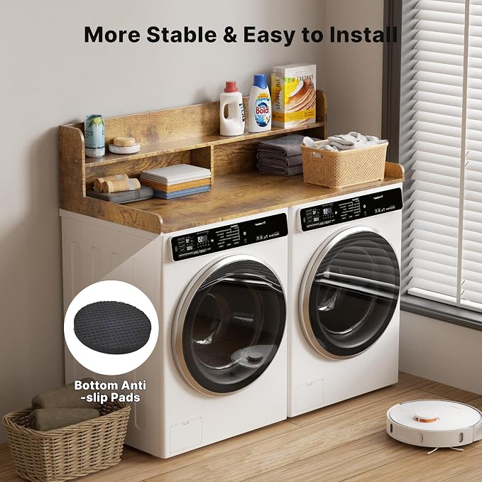 Washer Dryer Countertop with Non-Slip Pads, 2.75" H Guard, 54" W x 27.5" D Wood Laundry Countertop Cover, Large Space Washer Dryer Topper for Laundry Room Organization(Tiger Stripe)