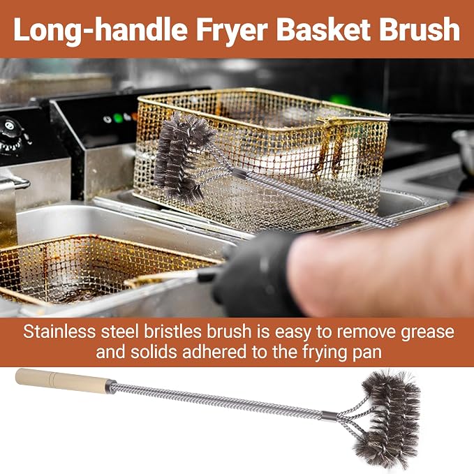 3 PCS Fryer Cleaning Tools, Deep Fryer Stainless Steel L-Shaped Brush, Cleanout Rod, Long Handle Basket Brush for Air Fryers, Deep Fryers