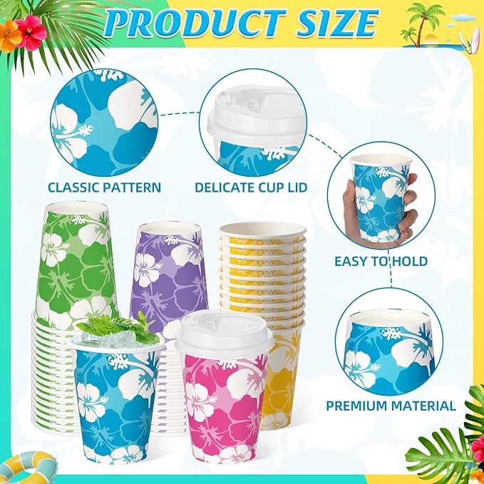 FoldTier 60 Pcs 12 oz Hawaii Hibiscus Paper Cups with Lids Summer Luau Disposable Drinking Cups Tropical Hawaiian Aloha Drinkware Beach Party Drinking Supplies for Cold Beverage Drinks(Summer)