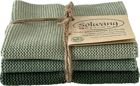Solwang 3-Piece Danish Cotton Dishcloths in 100% Certified Organic Cotton Made in India (Seagreen Organic Combi)