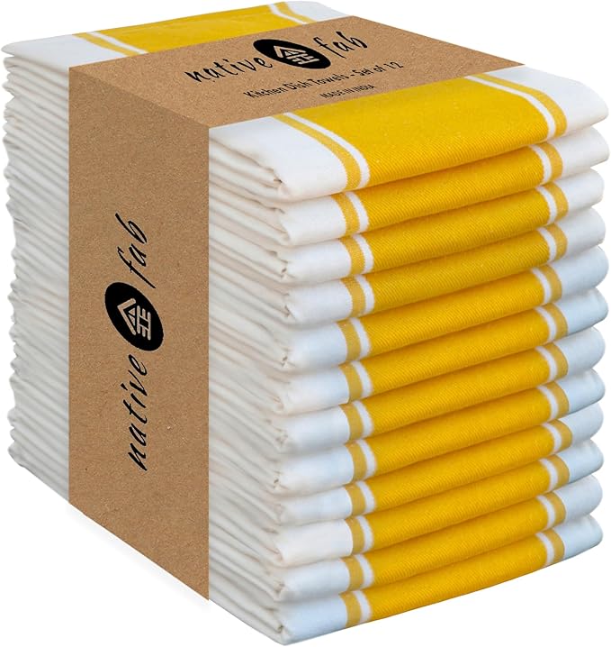 Native Fab Yellow Striped Dish Towels 18"x28", 12 Pack, Wide Stripe, Highly Absorbent, Fast Dry, 100% Cotton Hand Towels for Drying Dishes, Glassware, Dishcloth Set, Kitchen Cleaning Towel - Yellow