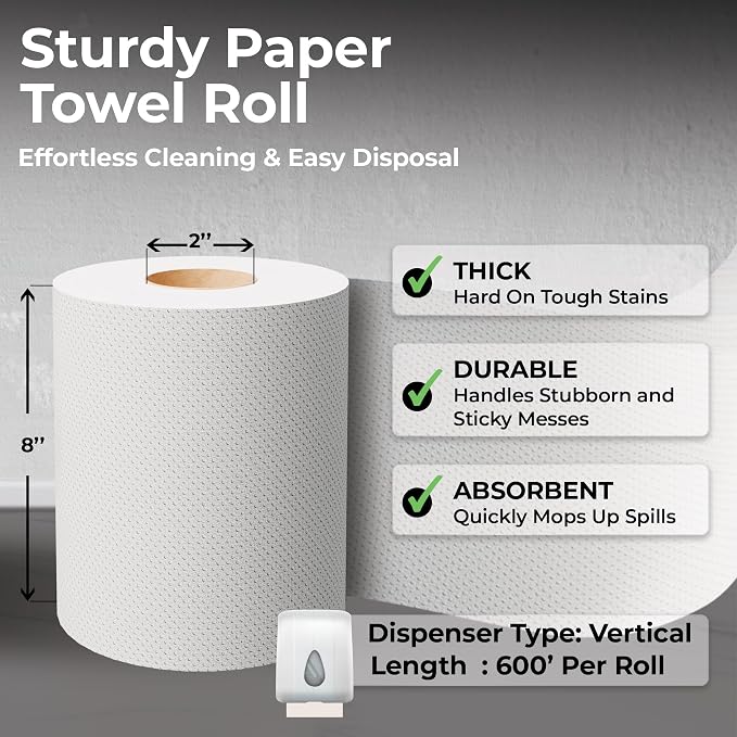 Restaurantware Paper Towel 12 Roll Case 600' 1-Ply White Paper Towel Roll Non-Perforated Absorbent Commercial Universal Core Kitchen Restroom Use