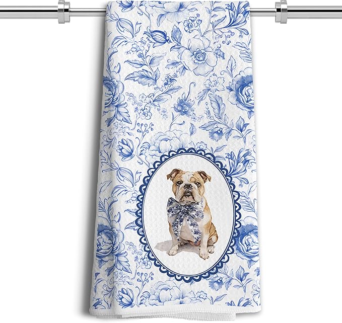 Chinoiserie French Bulldog Kitchen Towels, Blue and White Floral French Bulldog Gifts for Women Dish Tea Towels,Grandmillennial Botanical Dog Hand Towels for Kitchen Bathroom, 16x24 Inch