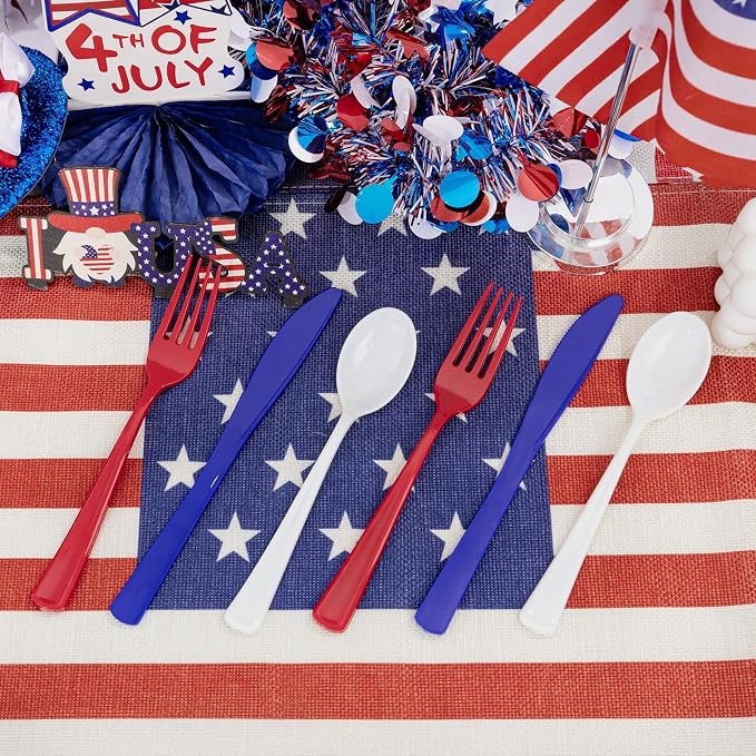 Liacere 400PCS 4th of July Pre Rolled Silverware and Napkin-Disposable Utensils-Wrapped Plastic Patriotic Cutlery Set,100 Red Forks,100 Blue Knives,100 White Spoons,100 Napkins for Independence Day