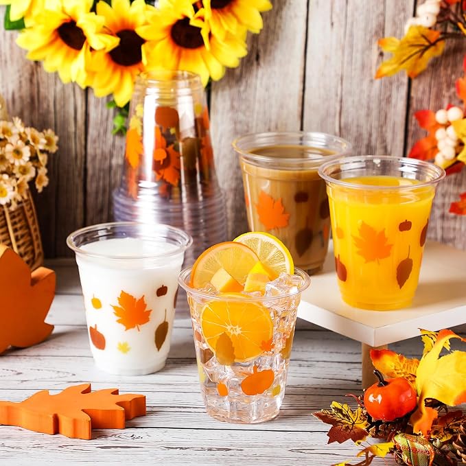 Uiifan 50 Pcs Fall Pumpkin Cups Bulk 12 oz Thanksgiving Disposable Plastic Drinking Cups Fall Party Clear Drinkware Pumpkin Maple Leaf Decoration for Autumn Harvest Thanksgiving Wedding Party Supplies