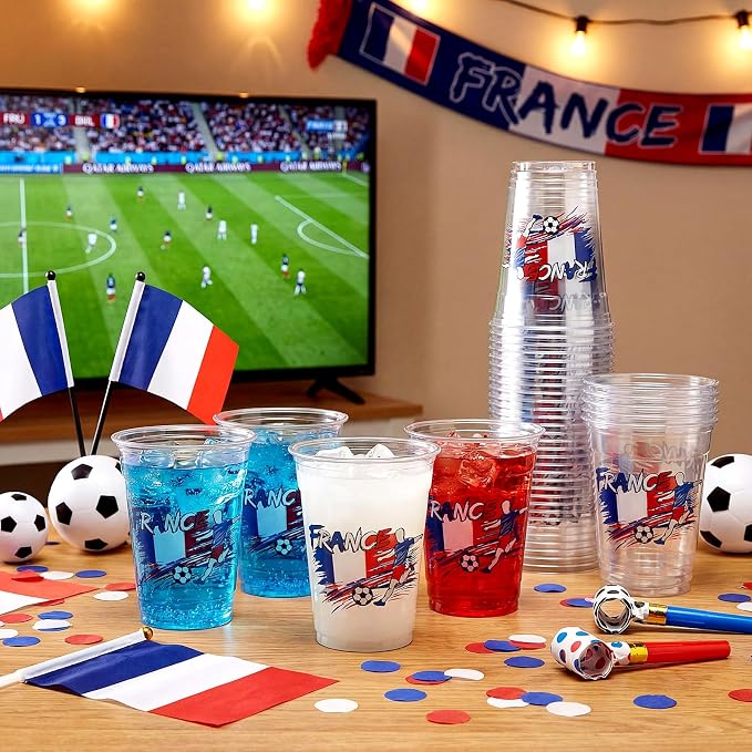 Jingmore 50 Pcs Soccer Plastic Cups 12 oz International Countries Soccer Disposable Plastic Cups Thick Clear Drinkware for Sports Games Party Supplies (France)