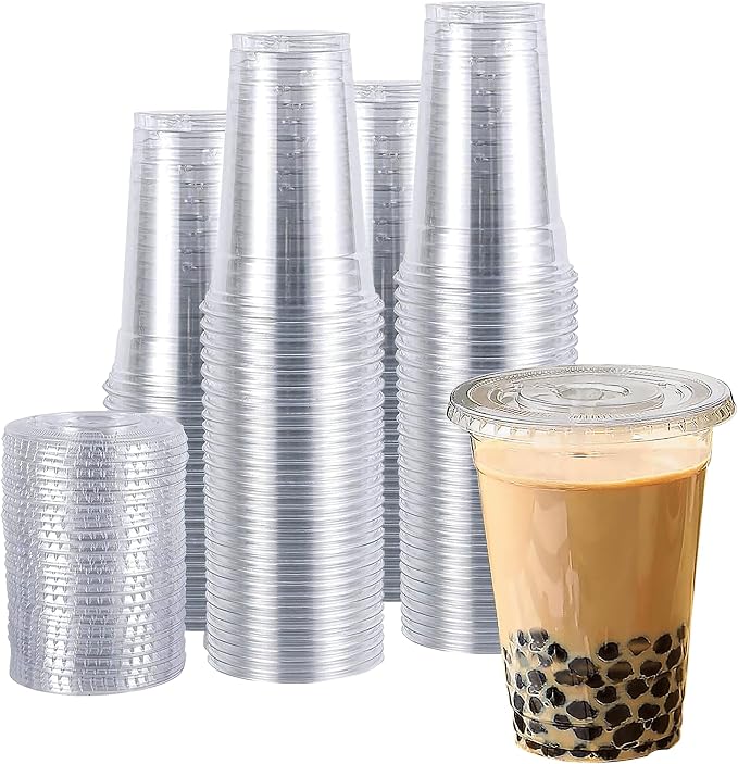 TashiBox plastic cups with lids [20 oz 100cups&100flat lids],Clear Crystal disposable plastic cups,smoothie cups