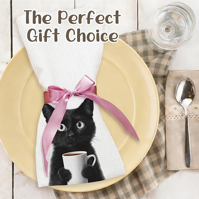 Funny Black Cat Kitchen Towels, Cats Kitchen Bar Accessories, Cat Lovers Chef Gifts for Women Decorative Hand Towels for Kitchen Decor, Dining Room Dish Tea Towel, 16x24 Inch