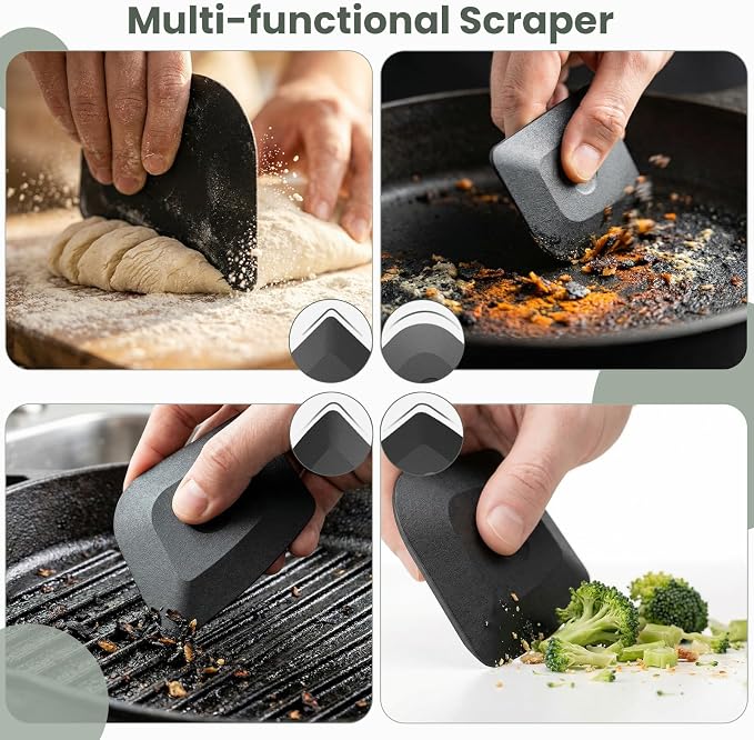 Cast Iron Scrubber & Pan Scraper 10 Pcs with Long Handle | 316 Cast Iron Cleaner Chainmail Scrubber for Cast Iron Pan Skillet Cleaner Non-Slip, Food Safe