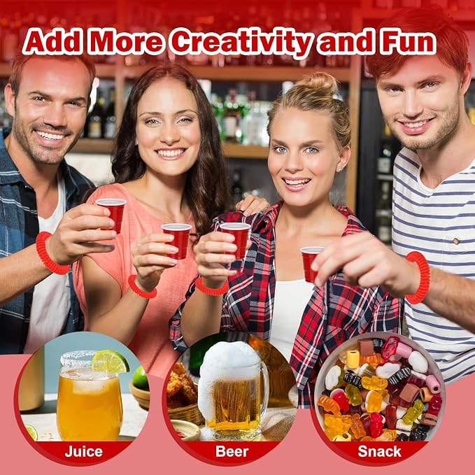 50 Pcs Red Shot Cups with Wristband for Party 2oz Plastic Shot Glasses Bulk Disposable Mini Shot Glasses with Bracelet Wear On Solo Cups for Valentine Carnivals Weddings Party Games Events Supplies