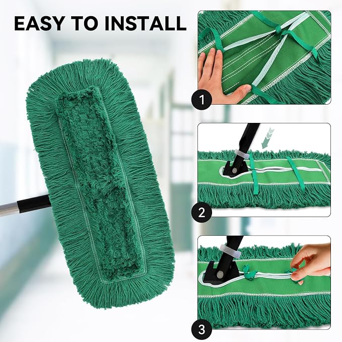24 Inch Dust Mop Head: Replacement Medium Washable Commercial Mop Head Sweeper and Janitorial Replacement Green (Green - 24 Inch, 3 Pack)