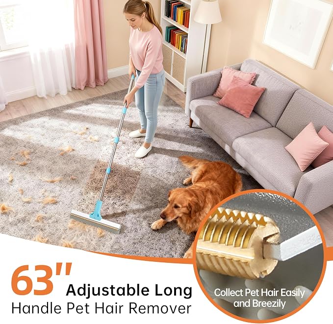 Carpet Rake for Pet Hair Removal Tool, 2 in 1 TPU and Copper Rake Teeth Uproot Clean Hair Remover with 63’’ Adjustable Long Handle,Cat & Dog for Carpets,Rugs, Mats (63’’ Long Handle+1 Short Handle)