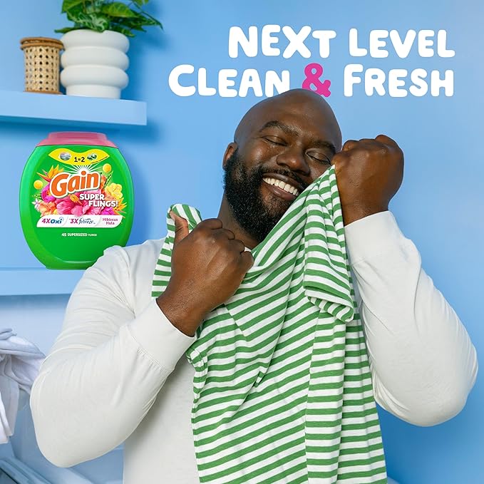 Gain Super Flings Laundry Detergent Pacs, 32 Count, Hibiscus Hula scent, irresistibly clean and fresh washing detergent laundry soap pacs