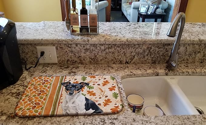 Caroline's Treasures Black and White Rat Terrier Heirloom Fall Dish Drying Mat Absorbent Dish Drying Mat Pad for Kitchen Counter Dish Drainer Mat for Countertop, 14 x 21", Multicolor