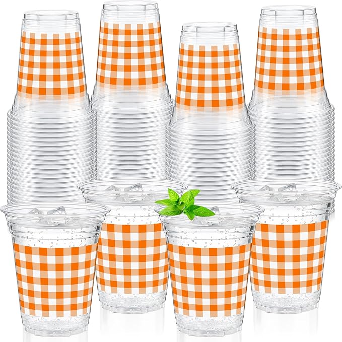 Qinyoung Checkered Plastic Cups 12oz Gingham Party Disposable Cups Bulk Drinking Cup for Cold Drinks Baby Shower Wedding Summer Birthday Party Supplies(Orange and White,50 Pcs)