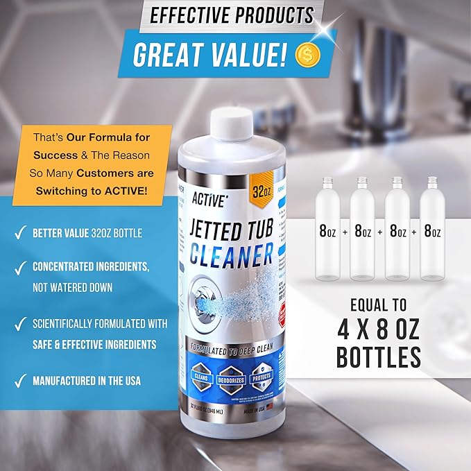 ACTIVE Jetted Tub and Washing Machine Cleaner Bundle - Includes 32oz Jetted Tub Cleaning Solution and 12 Month Supply of Washer Cleaning Tablets