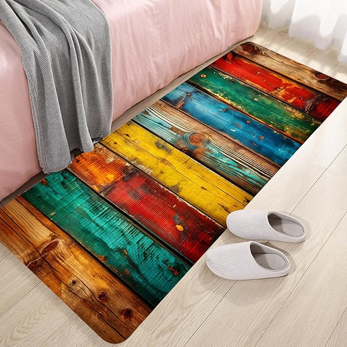 WODEJIA Non Slip Bath Rugs Sponge Foam for Bathroom,Flannel Mat Rug for Living Room, Absorbent MatS for Forlaundry Room and Kitchen, Colored Wooden Board Pattern Welcome Mat 47x18 Inches