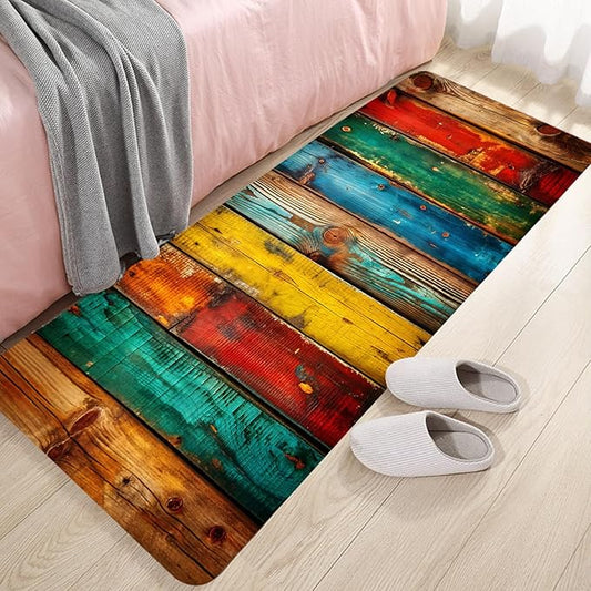 WODEJIA Non Slip Bath Rugs Sponge Foam for Bathroom,Flannel Mat Rug for Living Room, Absorbent MatS for Forlaundry Room and Kitchen, Colored Wooden Board Pattern Welcome Mat 47x18 Inches