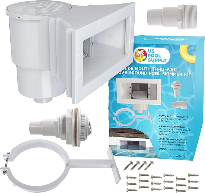 U.S. Pool Supply Wide Mouth Thru-Wall Above Ground Pool Skimmer Kit - ABS Construction, Complete Universal Set, Return Fitting, Vacuum Plate, Leaf Basket - Replacement Compatible with SP1091WM Skimmer