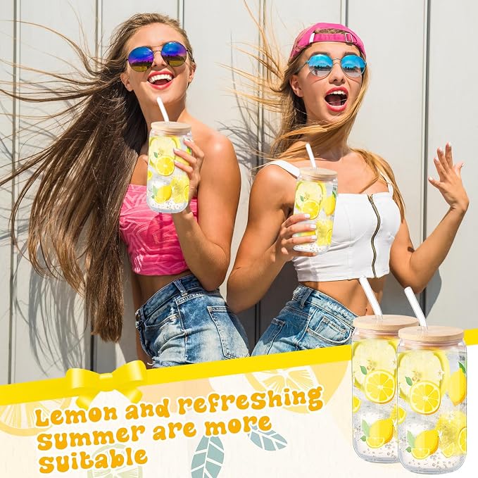 Sliner 2 Pcs Lemon Glass Cups Summer Drinking Tumbler 16 oz Iced Coffee Cup with Lid Straw Cleaning Brush Cute Beer Can Tumbler Holiday Gifts for Spring Summer Home Office Decorations
