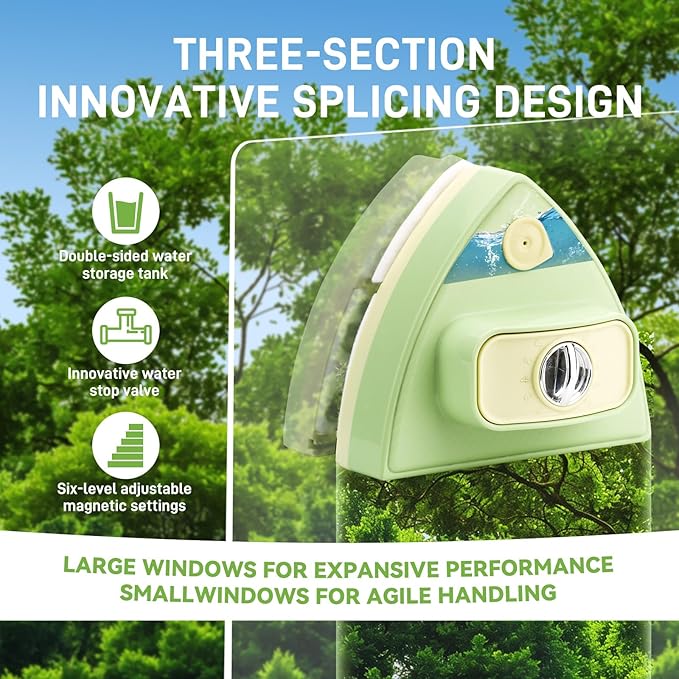 Double-Sided Magnetic Window Cleaner - Adjustable Magnetic Double Window Wiper, Fits 3-30 mm Glass Thickness, 2.5m Safety Rope for High-Rise & Auto Glass, Safe Anti-Pinch Wiper(Green)