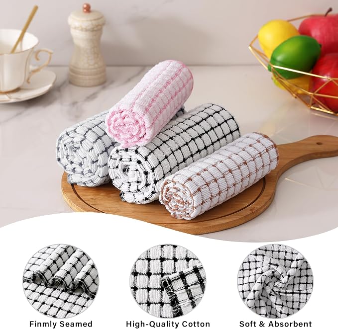 Kitinjoy Cotton 16 Pack Kitchen Towels and Dishcloths Sets, 16 x 25 Inch & 12 X 12 Inch Dish Towels Bulk, Super Soft and Absorbent Hand Towels for Kitchen Drying, Mix Color