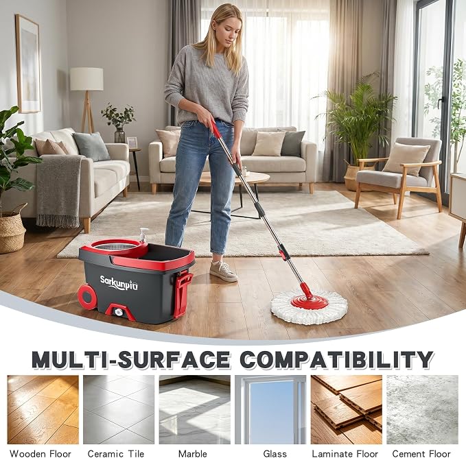 Mop and Bucket Set with Wringer, Spin Mop Floor Cleaning System with 6 Replacement Microfiber Heads & 61" Extra-Long Handle for Home Floor, Dark Grey