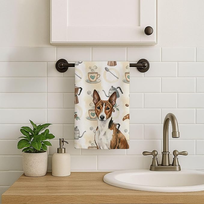 Caroline's Treasures Brindle and White Basenji Coffee Bar Kitchen Towel Velour Plush Front and Cotton Loop Back Machine Washable