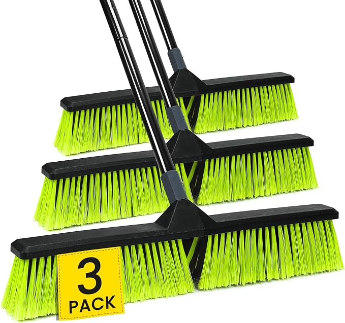 3 PK 24" Push Broom Outdoor, Heavy Duty Broom with 63" Long Handle, Shop Garage Broom with Stiff Bristle for Indoor Outdoor Floor Cleaning, Garden Patio Deck Warehouse Lawn Driveway Scrubbing