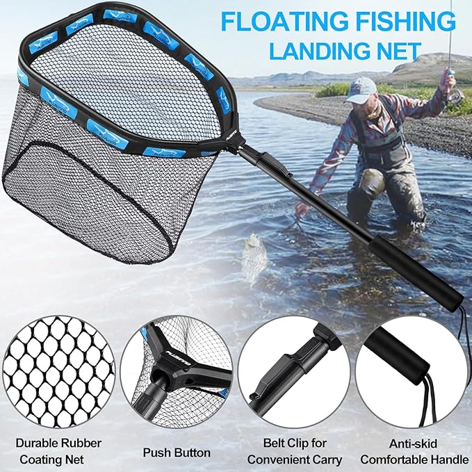 PLUSINNO Floating Fishing Net for Steelhead, Salmon, Fly, Kayak, Catfish, Bass, Trout Fishing, Rubber Coated Foldable Landing Net with Fixed or Telescoping Pole Handle, Fishing Gear and Gifts for Men