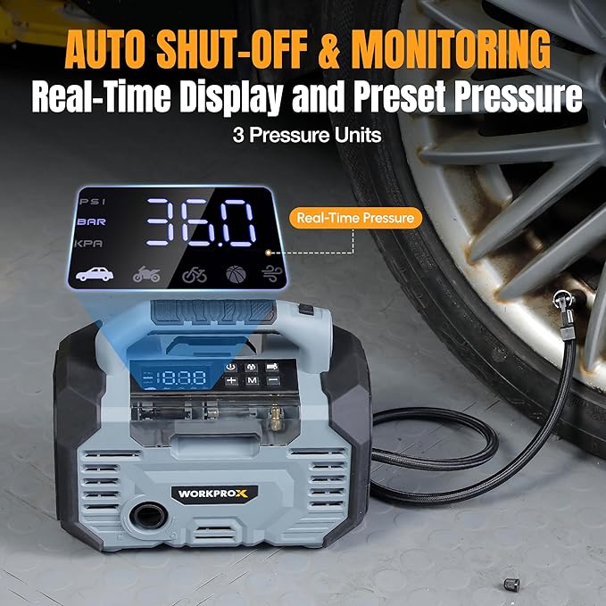 WORKPROX Tire Inflator Portable Air Compressor 150PSI – 12V DC & 20V Battery Car Air Pump, 2 Modes, Auto Shut-Off, Digital Gauge & LED Light, for Car, Bike, Ball & Air Mattress