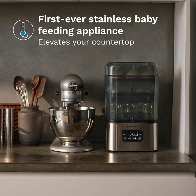 Baby Brezza 10 Minute SuperQuick Bottle Sterilizer + Dryer - Large 8 Bottle Capacity - Steam Sanitization – Universal Fit for All Bottles: Plastic + Glass + Pacifiers + Breast Pump Parts, Stainless