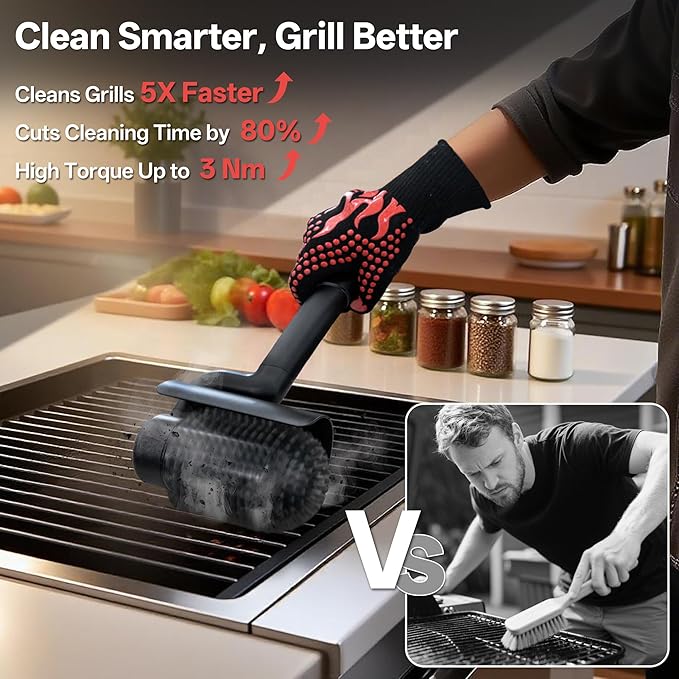 Electric Grill Brush Bristle-Free, 800RPM Safe Barbecue Cleaner with 30kg Pull Resistance 304 Stainless Steel, 120Mins Cordless Power Scrubber for World Cup BBQ, Save 70% Time
