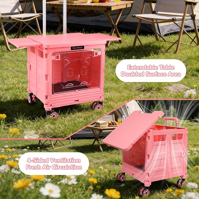 FELICON SELORSS Folding Utility Cart Portable Rolling Crate Handcart on Rotate Wheels with Magnetic Sliding Lid Telescoping Handle Lockable Transparent Front Panel for Travel Shop Office Teacher(Pink)