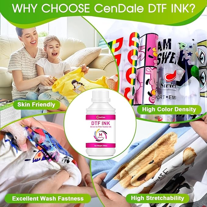 CenDale Premium DTF Magenta Ink - 500ML DTF Transfer Ink for PET Film, Refill DTF Ink for Epson ET-8550, ET-8500, L1800, L800, R2400, R1390, P400, P800, XP15000, Heat Transfer Printing Direct to Film