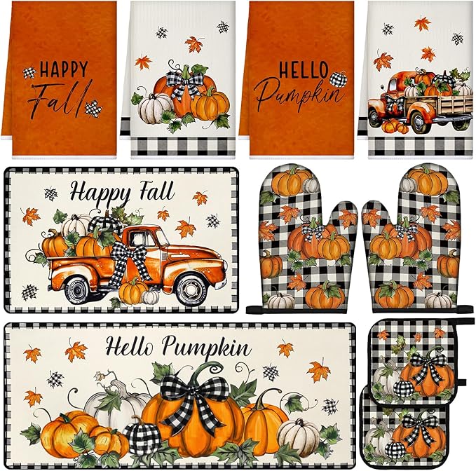 Fanfanwin 10 Pcs Thanksgiving Kitchen Decor Set Kitchen Towels Pot Holders Oven Mitts and Rugs Set Thanksgiving Decor for Baking Cooking Gift