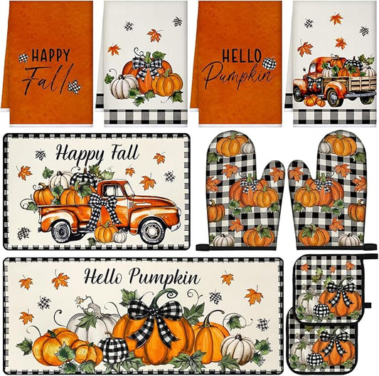 Fanfanwin 10 Pcs Thanksgiving Kitchen Decor Set Kitchen Towels Pot Holders Oven Mitts and Rugs Set Thanksgiving Decor for Baking Cooking Gift