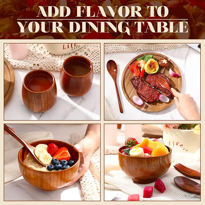 20 Pcs Acacia Wood Dinnerware Set 10 Inch Round Wooden Plates Bowls Tea Cups Fork Spoons Acacia Wood Tableware Supplies Easy Cleaning Lightweight for Dishes Snack Dessert, 4 Set