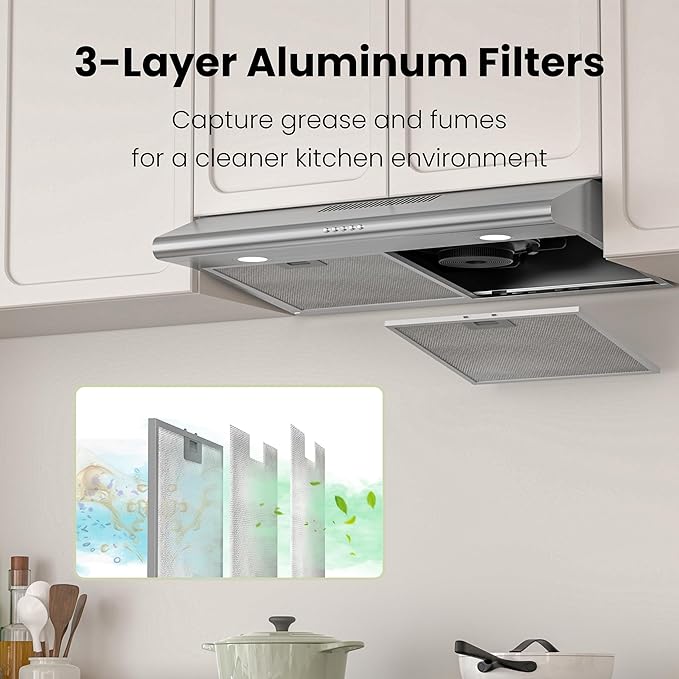 FIREGAS 30 Inch Under Cabinet Range Hood, 300 CFM Ducted/Ductless Kitchen Vent Hood Over Stove, 3-Speed Exhaust Fan with LED Light, Reusable Filter & Charcoal Filter, Stainless Steel