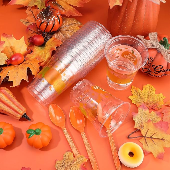 Meanplan 100 Pcs Thanksgiving Plastic Cups Bulk 12oz Fall Disposable Cups Autumn Pumpkin Leaf Turkey Clear Drinkware Tumblers Coffee Juice Wine Glasses Harvest Wedding Party Supplies(Pumpkin)