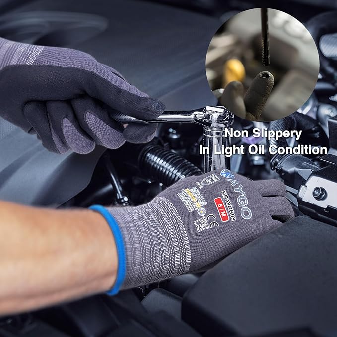KAYGO Safety Work Gloves MicroFoam Nitrile Coated, 3 Pairs KG18NB,Seamless Knit Nylon Glove for Men and Women, Ideal for Automotive,Warehouse,Construction (X-Large,Gray)