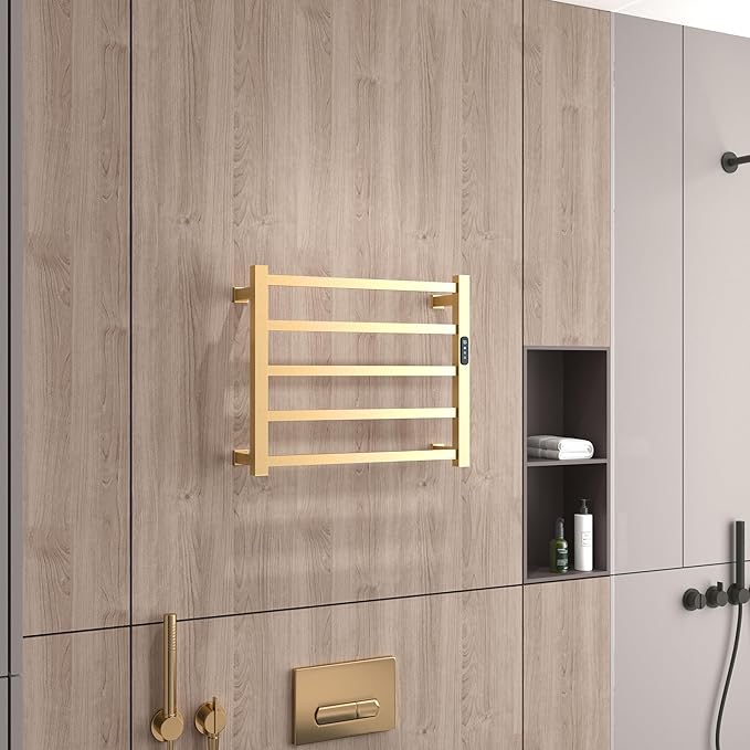 Luxury Heated Towel Rack for Bathroom, Wall Mounted Electric Towel Warmer Racks with Timer & Temperature Multi-Level Adjustable, 5 Bar Stainless Steel Towel Heater for Bathroom (Brushed Gold)