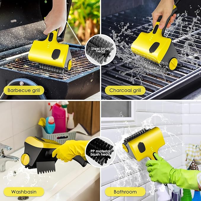 Electric Grill Brush with Liquid Box, Cordless Rechargeable Barbecue Grill Cleaner, 2-Speed, 360° Rotating Cleaning Brush with Replacement Bristles