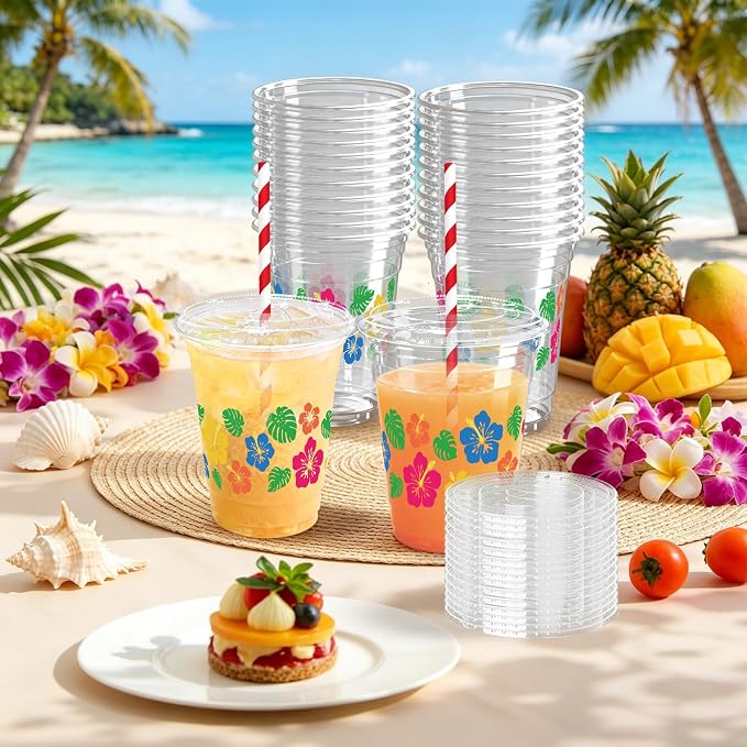 50 Sets Hawaii Hibiscus Flower Plastic Cups with Lids Straws 12 oz Colorful Tropical Flower Disposable Cups Drinking Cold Beverage Cup for Summer Beach Luau Aloha Birthday Party Supplies