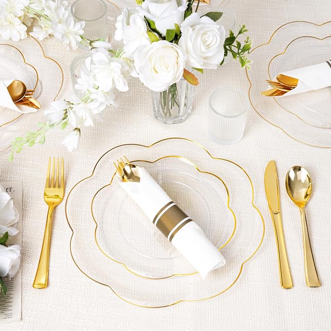 Supernal 100 Pack Gold Plastic Silverware with Napkins, Pre Rolled & Wrapped Gold Disposable Utensils Set (100 Forks, 100 Spoons, 100 Knives), Heavy Duty Plastic Cutlery Rolls for Wedding & Party